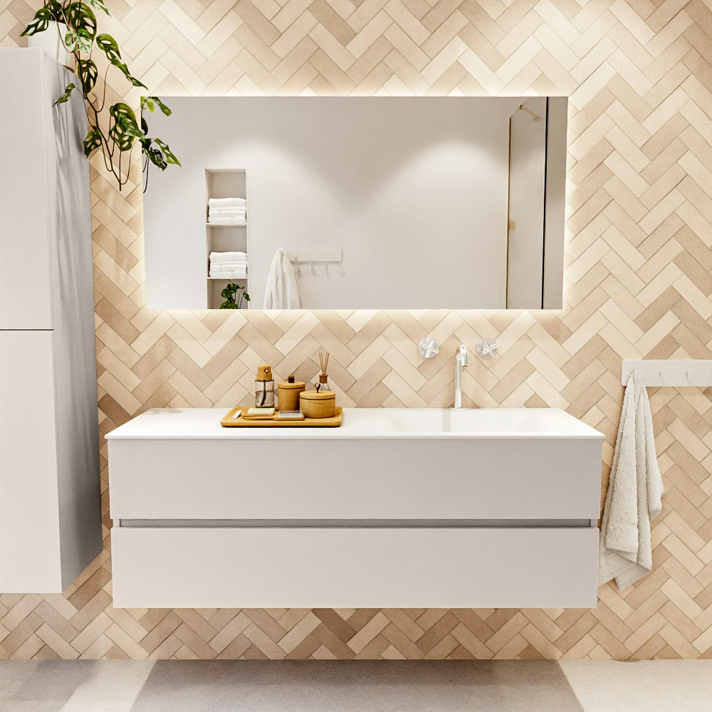 MONDIAZ VICA 140cm mueble de baño Linen 2 cajones. Lavabo CLOUD Derecho 1 orificio, color Talc. 2 color Talc.