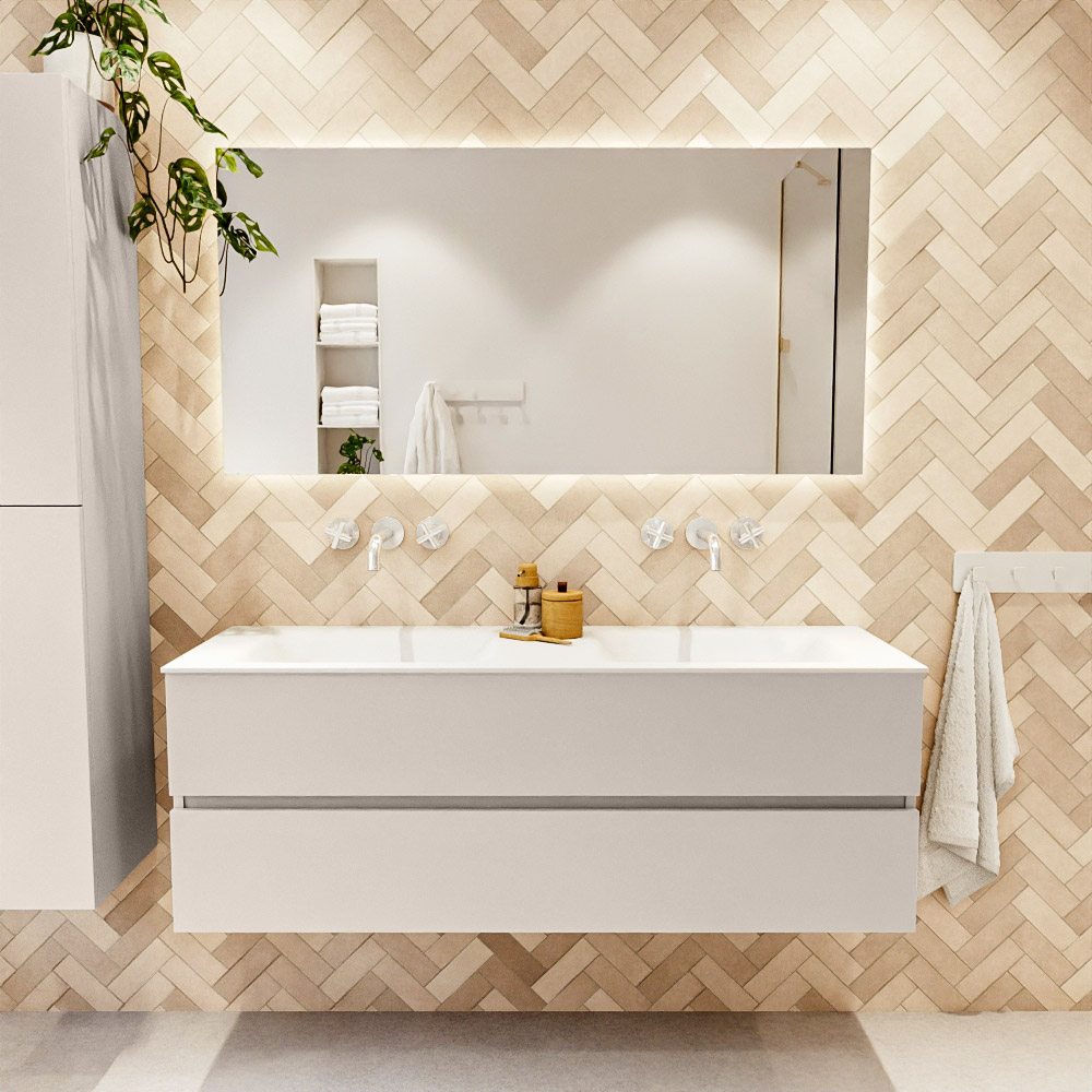 MONDIAZ VICA 140cm mueble de baño Linen 2 cajones. Lavabo CLOUD Doble sin orificio, color Talc. 2 color Talc.