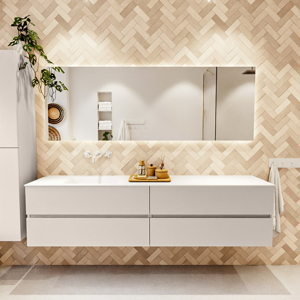 MONDIAZ VICA 200cm mueble de baño Linen 4 cajones. Lavabo CLOUD Izquierda sin orificio, color Talc. 2 color Talc.