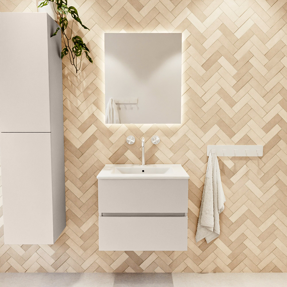 MONDIAZ VICA 60cm mueble de baño Linen 2 cajones. Lavabo DENIA Centro 1 orificio, color Blanco brillo. 2 color Blanco brillo.