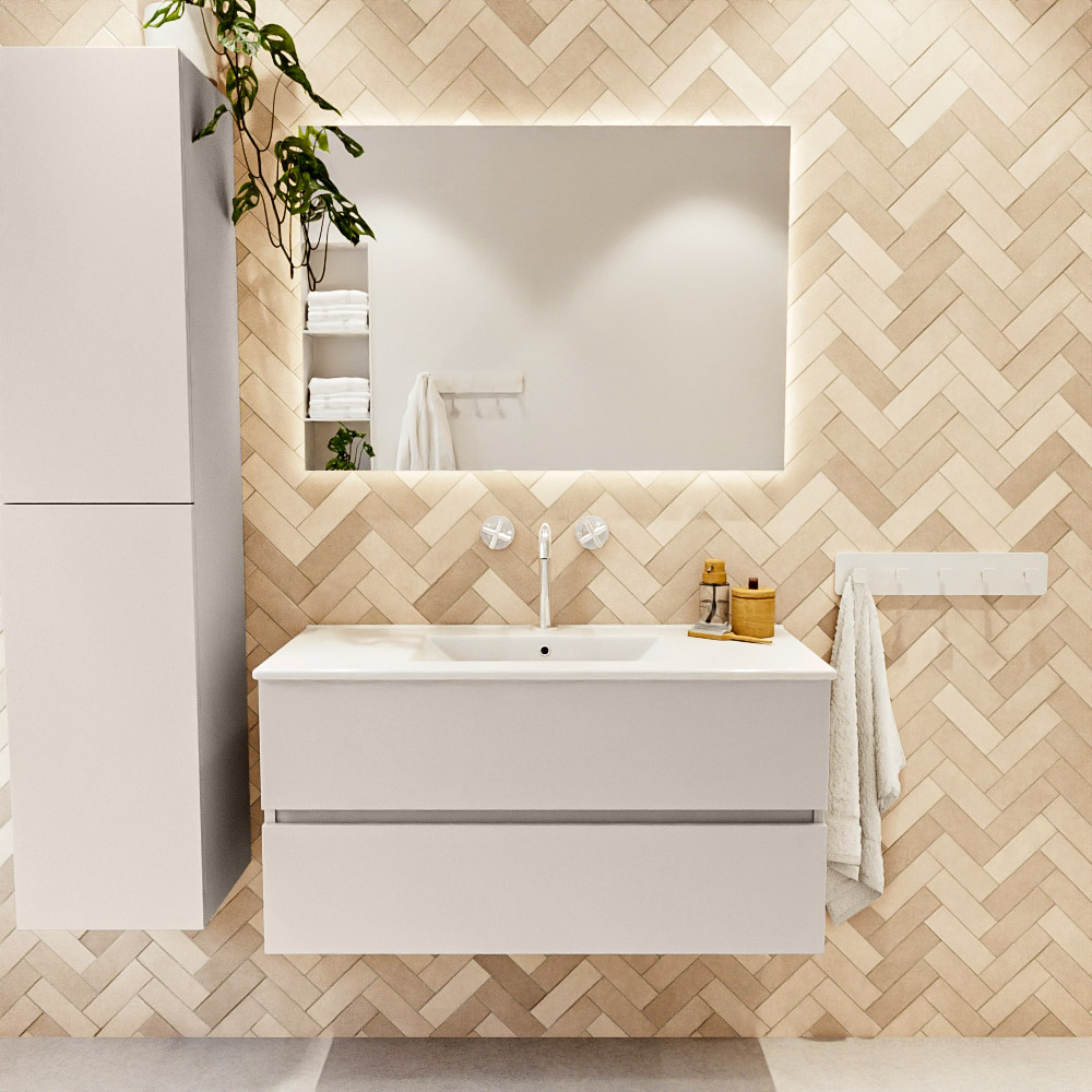 MONDIAZ VICA 100cm mueble de baño Linen 2 cajones. Lavabo DENIA Centro 1 orificio, color Blanco brillo. 2 color Blanco brillo.
