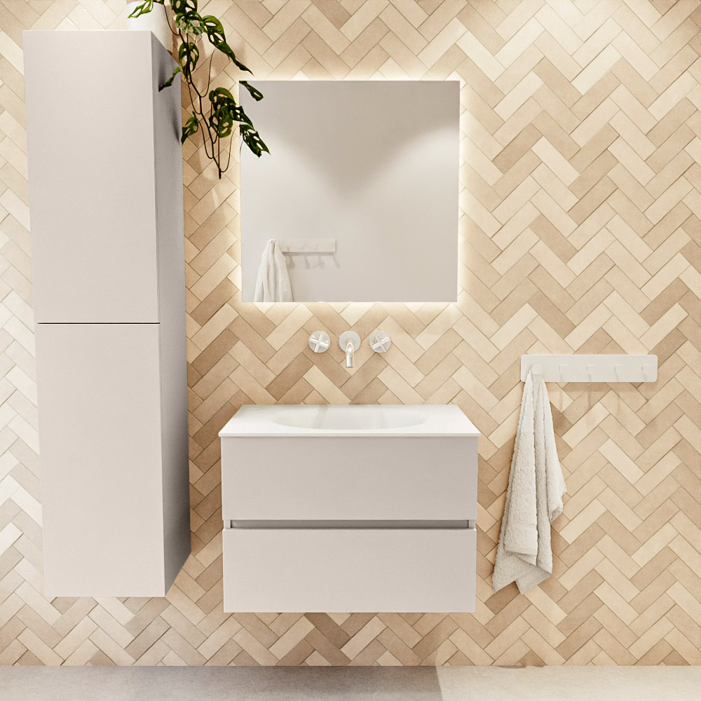 MONDIAZ VICA 70cm mueble de baño Linen 2 cajones. Lavabo MOON Centro sin orificio, color Talc. 2 color Talc.