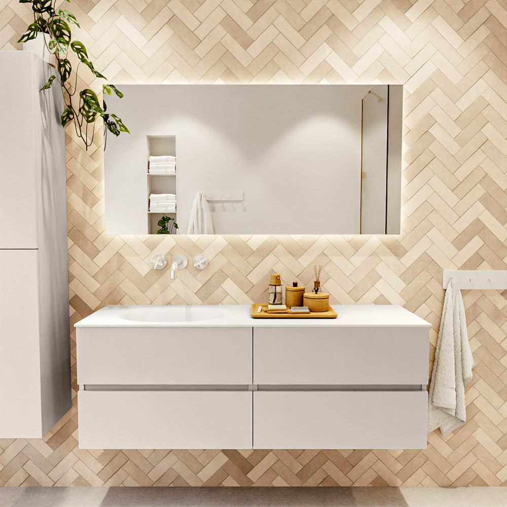 MONDIAZ VICA 140cm mueble de baño Linen 4 cajones. Lavabo MOON Izquierda sin orificio, color Talc. 2 color Talc.