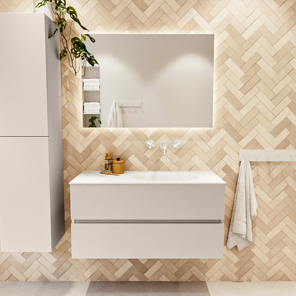 MONDIAZ VICA 100cm mueble de baño Linen 2 cajones. Lavabo MOON Derecho sin orificio color Talc con espejo LED. 2 MONDIAZ VICA 100cm mueble de baño Linen 2 cajones. Lavabo MOON Derecho sin orificio color Talc con espejo LED. - Imagen 2