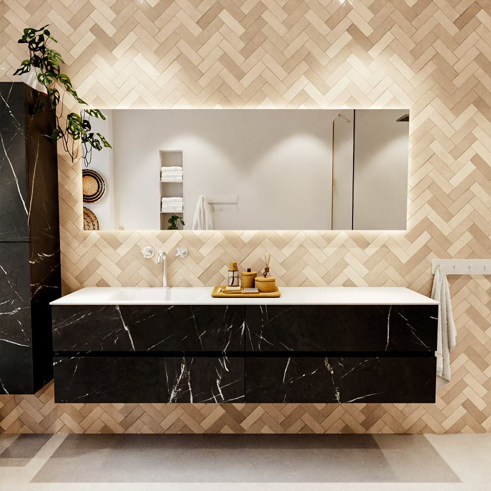 MONDIAZ VICA 190cm mueble de baño Marquina 4 cajones. Lavabo CLOUD Izquierda 1 orificio, color Talc. 2 color Talc.