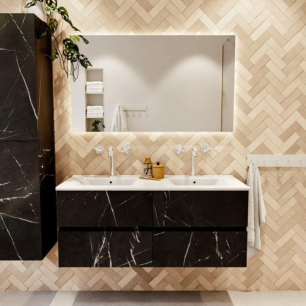MONDIAZ VICA 120cm mueble de baño Marquina 4 cajones. Lavabo DENIA Doble 2 orificios, color Blanco brillo. 2 color Blanco brillo.