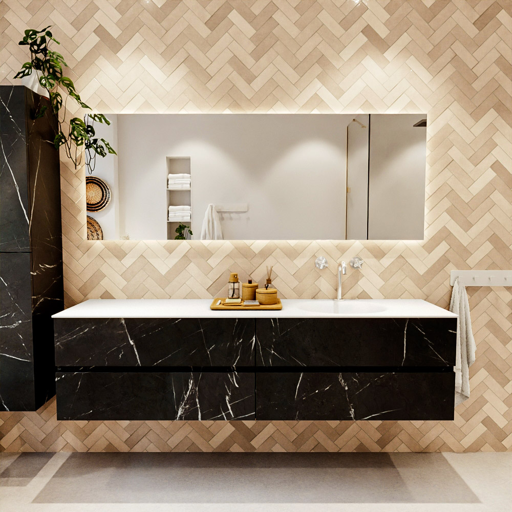 MONDIAZ VICA 190cm mueble de baño Marquina 4 cajones. Lavabo MOON Derecho 1 orificio, color Talc. 2 color Talc.