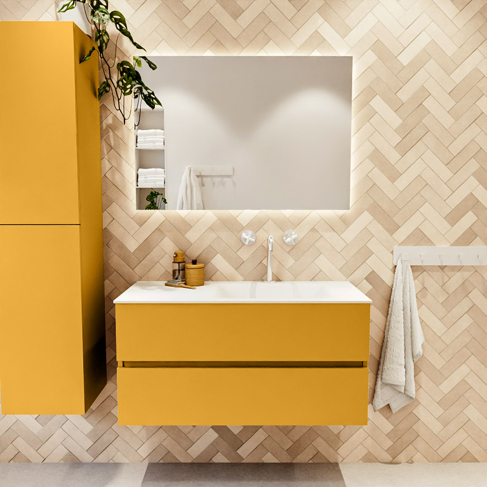 MONDIAZ VICA 100cm mueble de baño Ocher 2 cajones. Lavabo CLOUD Derecho 1 orificio color Talc con espejo LED. 2 MONDIAZ VICA 100cm mueble de baño Ocher 2 cajones. Lavabo CLOUD Derecho 1 orificio color Talc con espejo LED. - Imagen 2