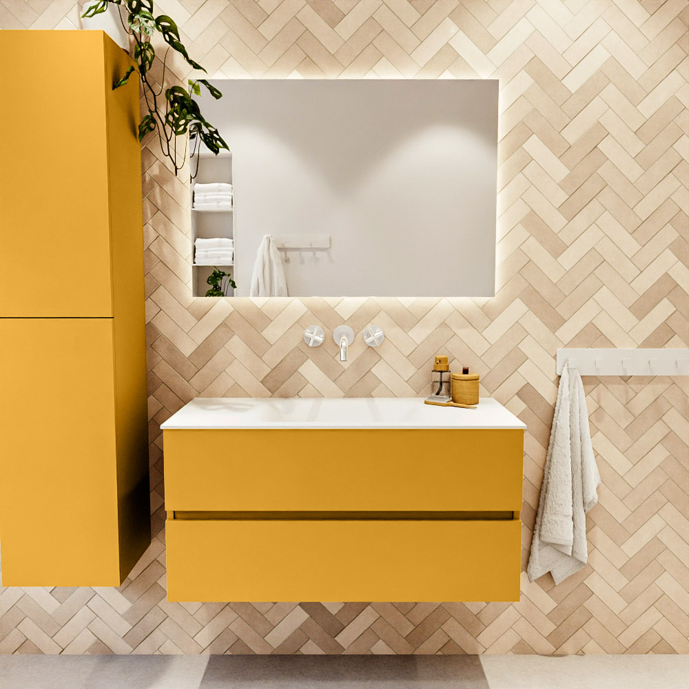 MONDIAZ VICA 100cm mueble de baño Ocher 2 cajones. Lavabo CLOUD Centro sin orificio color Talc con espejo LED. 2 MONDIAZ VICA 100cm mueble de baño Ocher 2 cajones. Lavabo CLOUD Centro sin orificio color Talc con espejo LED. - Imagen 2