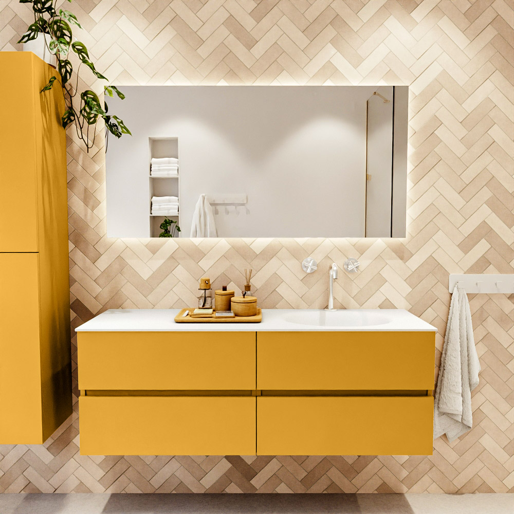 MONDIAZ VICA 140cm mueble de baño Ocher 4 cajones. Lavabo MOON Derecho 1 orificio, color Talc. 2 color Talc.