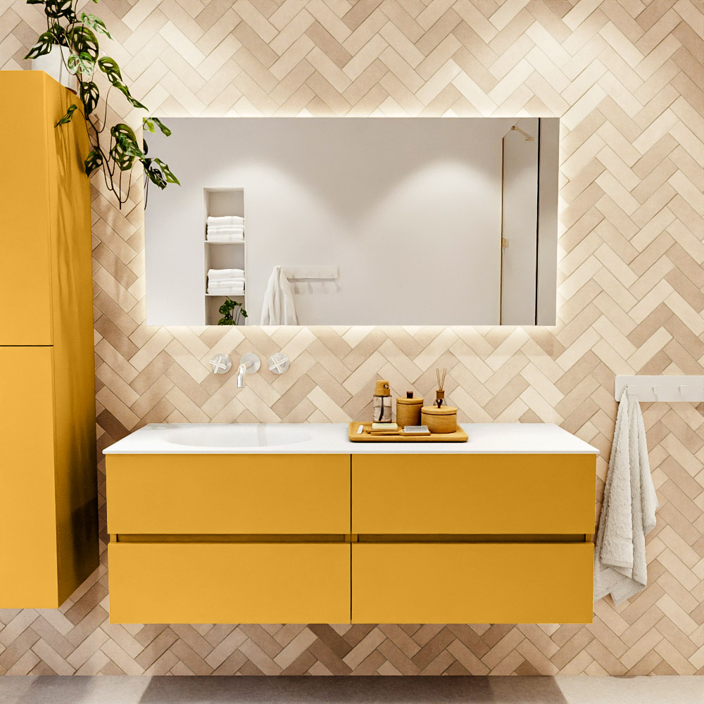 MONDIAZ VICA 140cm mueble de baño Ocher 4 cajones. Lavabo MOON Izquierda sin orificio, color Talc. 2 color Talc.