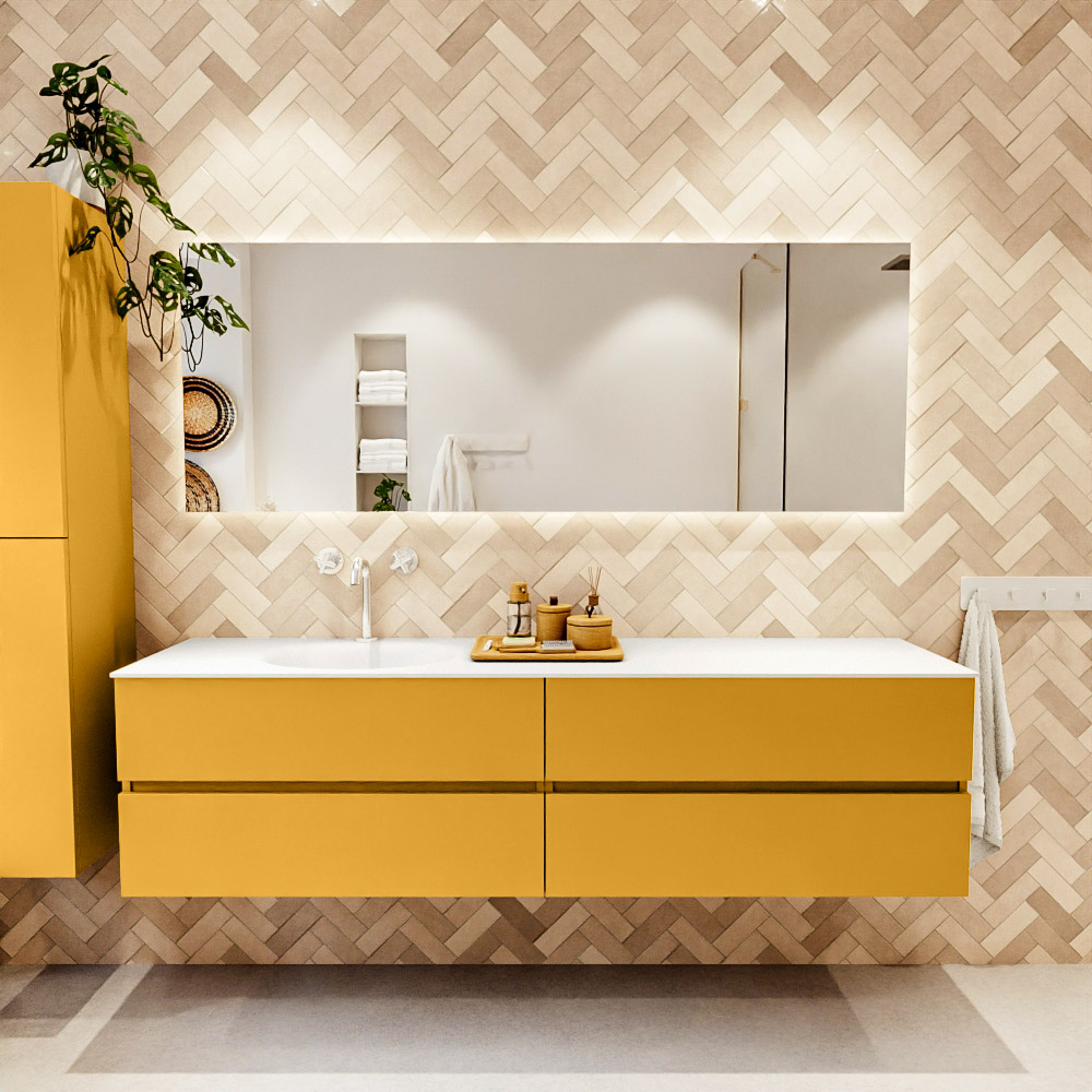 MONDIAZ VICA 190cm mueble de baño Ocher 4 cajones. Lavabo MOON Izquierda 1 orificio, color Talc. 2 color Talc.