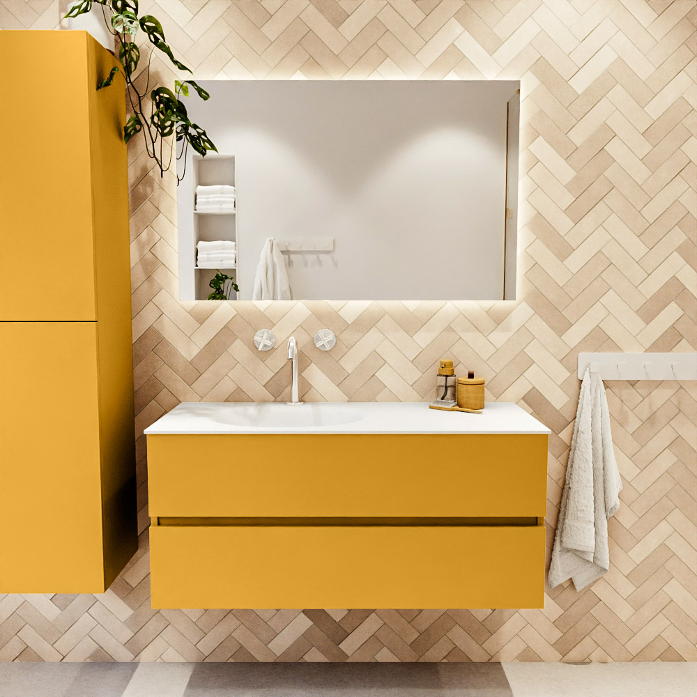 MONDIAZ VICA 110cm mueble de baño Ocher 2 cajones. Lavabo MOON Izquierda 1 orificio color Talc con espejo LED. 2 MONDIAZ VICA 110cm mueble de baño Ocher 2 cajones. Lavabo MOON Izquierda 1 orificio color Talc con espejo LED. - Imagen 2