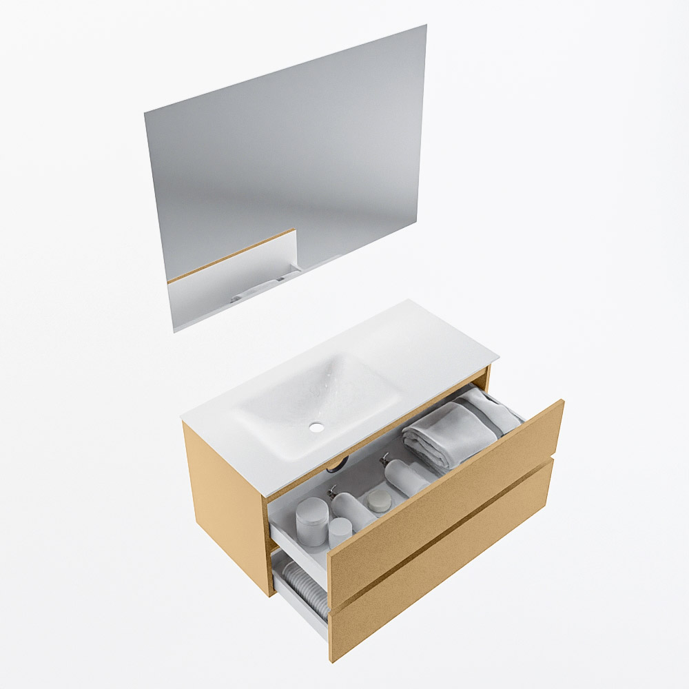 MONDIAZ VICA 100cm mueble de baño Oro 2 cajones. Lavabo CLOUD Izquierda sin orificio color Talc con espejo LED. 7 MONDIAZ VICA 100cm mueble de baño Oro 2 cajones. Lavabo CLOUD Izquierda sin orificio color Talc con espejo LED. - Imagen 7
