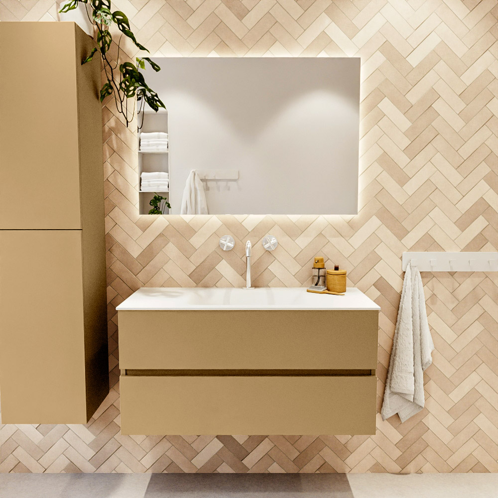 MONDIAZ VICA 100cm mueble de baño Oro 2 cajones. Lavabo CLOUD Centro 1 orificio color Talc con espejo LED. 2 MONDIAZ VICA 100cm mueble de baño Oro 2 cajones. Lavabo CLOUD Centro 1 orificio color Talc con espejo LED. - Imagen 2