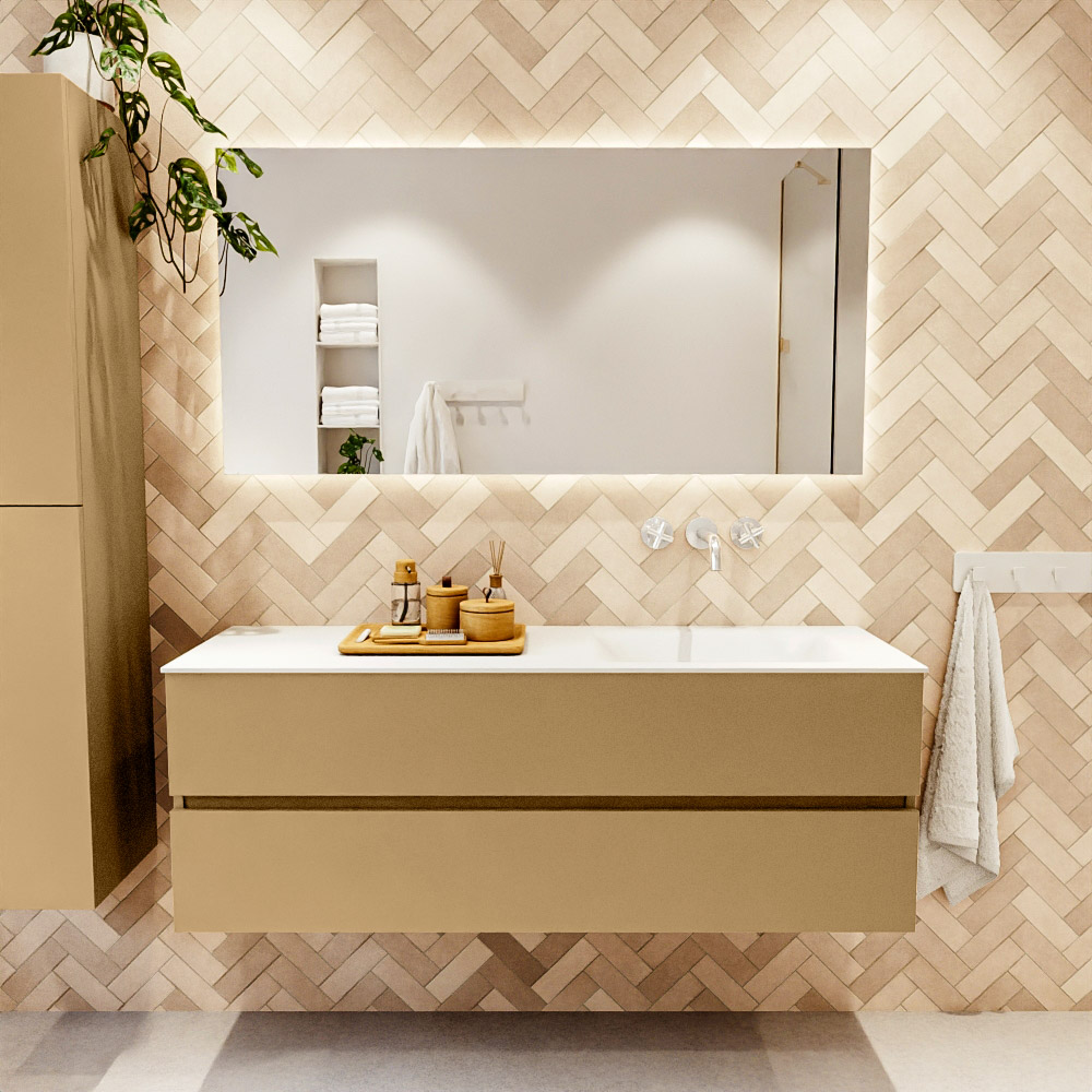 MONDIAZ VICA 140cm mueble de baño Oro 2 cajones. Lavabo CLOUD Derecho sin orificio, color Talc. 2 color Talc.