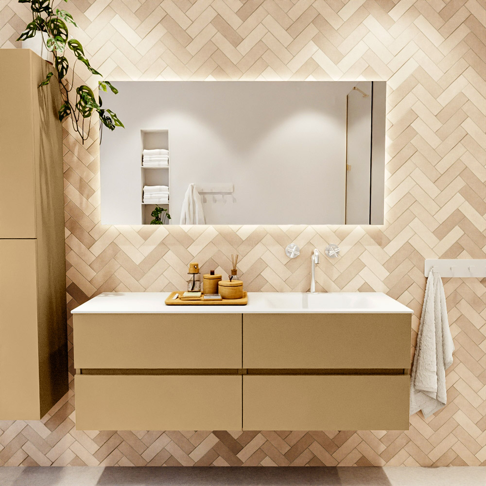 MONDIAZ VICA 140cm mueble de baño Oro 4 cajones. Lavabo CLOUD Derecho 1 orificio, color Talc. 2 color Talc.