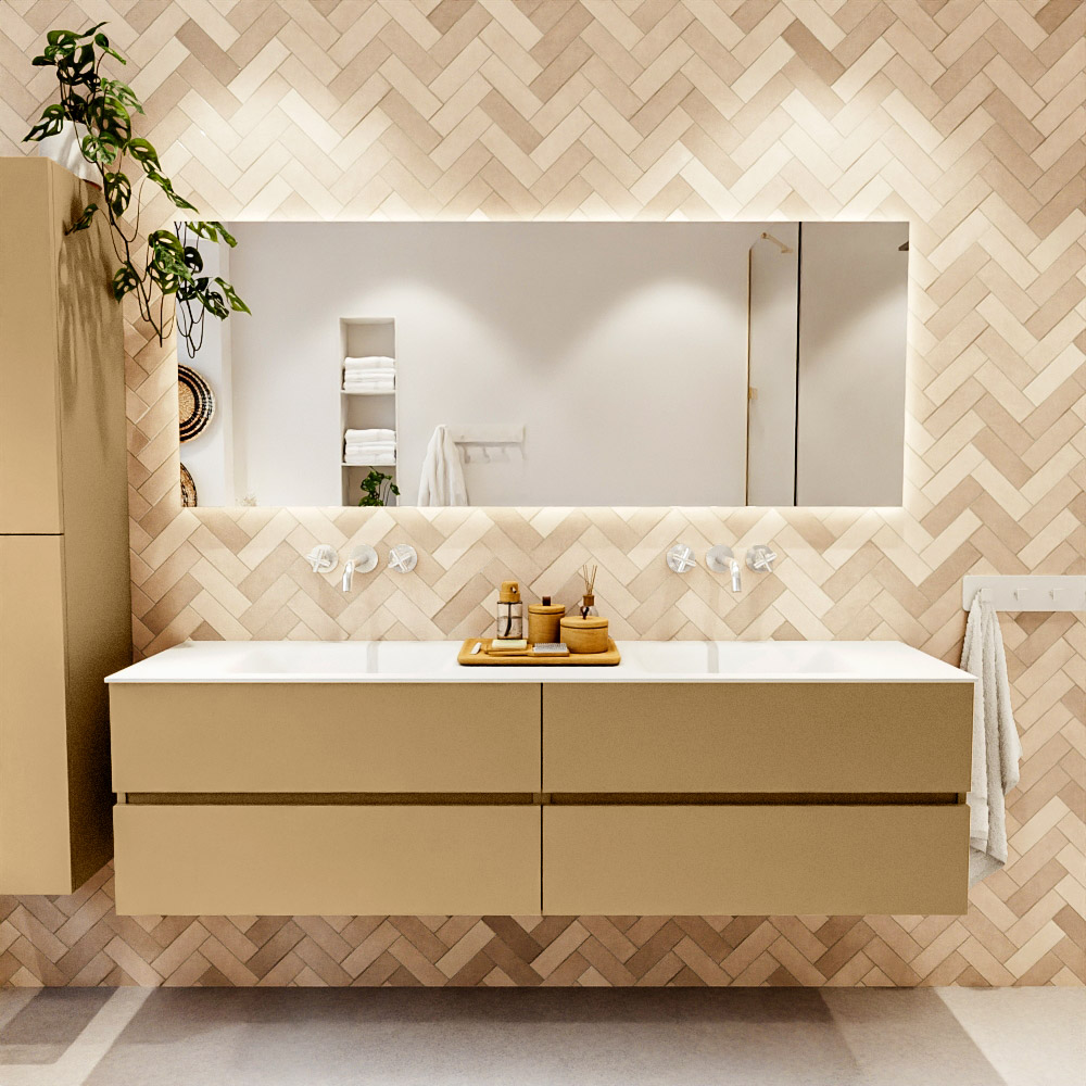MONDIAZ VICA 180cm mueble de baño Oro 4 cajones. Lavabo CLOUD Doble sin orificio, color Talc. 2 color Talc.