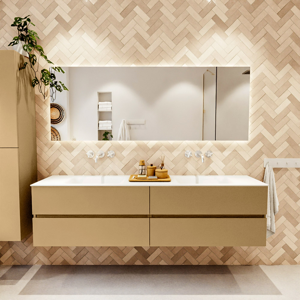 MONDIAZ VICA 190cm mueble de baño Oro 4 cajones. Lavabo CLOUD Doble sin orificio, color Talc. 2 color Talc.