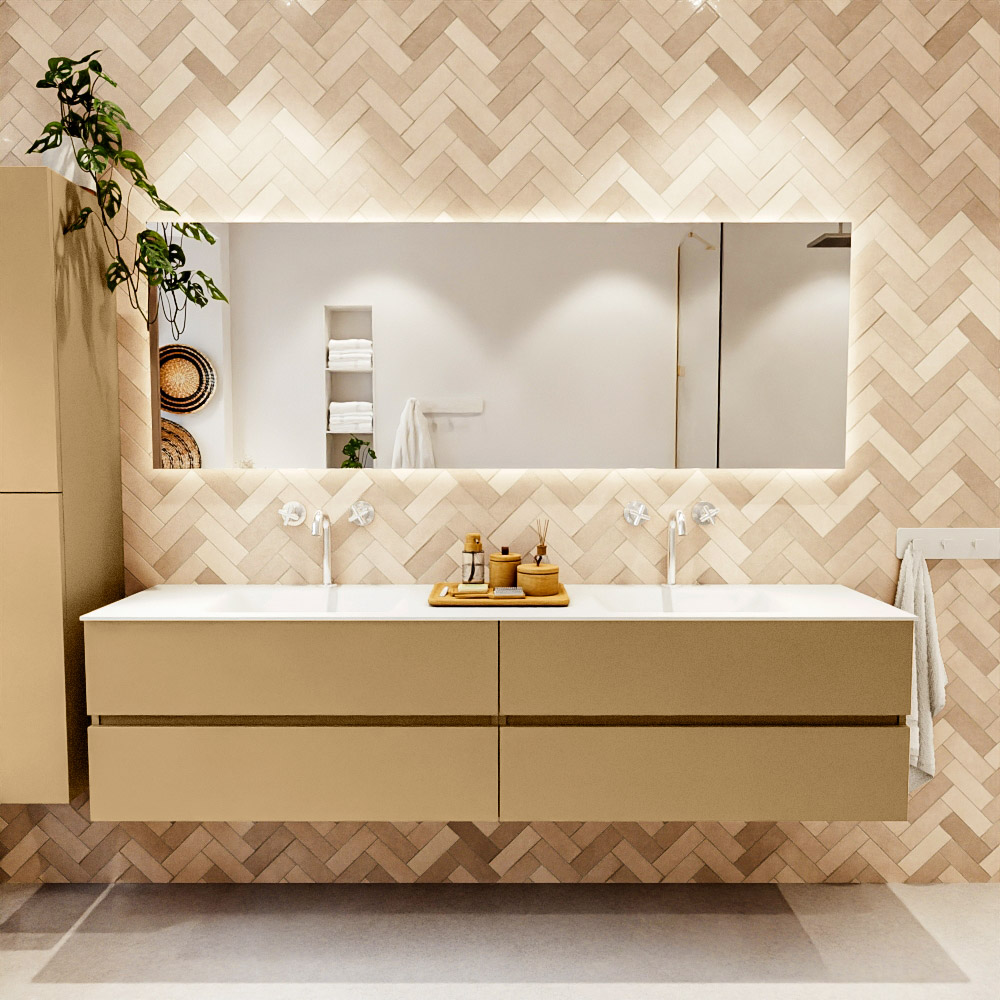 MONDIAZ VICA 200cm mueble de baño Oro 4 cajones. Lavabo CLOUD Doble 2 orificios, color Talc. 2 color Talc.