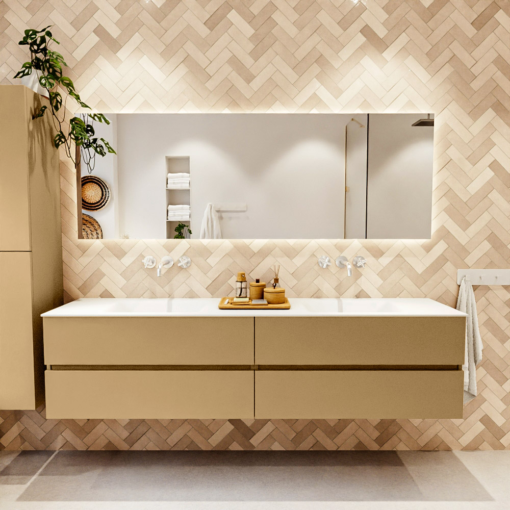 MONDIAZ VICA 200cm mueble de baño Oro 4 cajones. Lavabo CLOUD Doble sin orificio, color Talc. 2 color Talc.