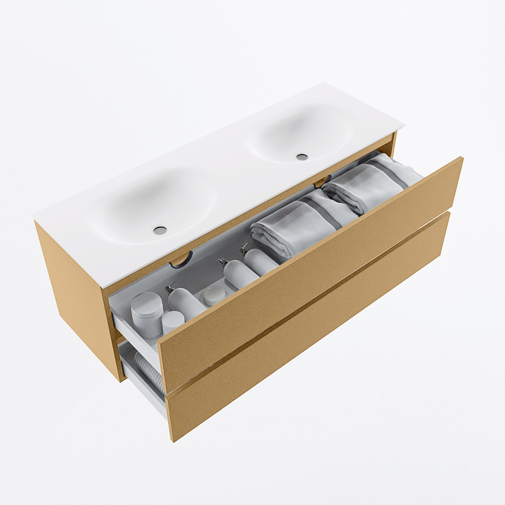 MONDIAZ VICA 140cm mueble de baño Oro 2 cajones. Lavabo MOON Doble sin orificio, color Talc. 7 MONDIAZ VICA 140cm mueble de baño Oro 2 cajones. Lavabo MOON Doble sin orificio, color Talc. - Imagen 7