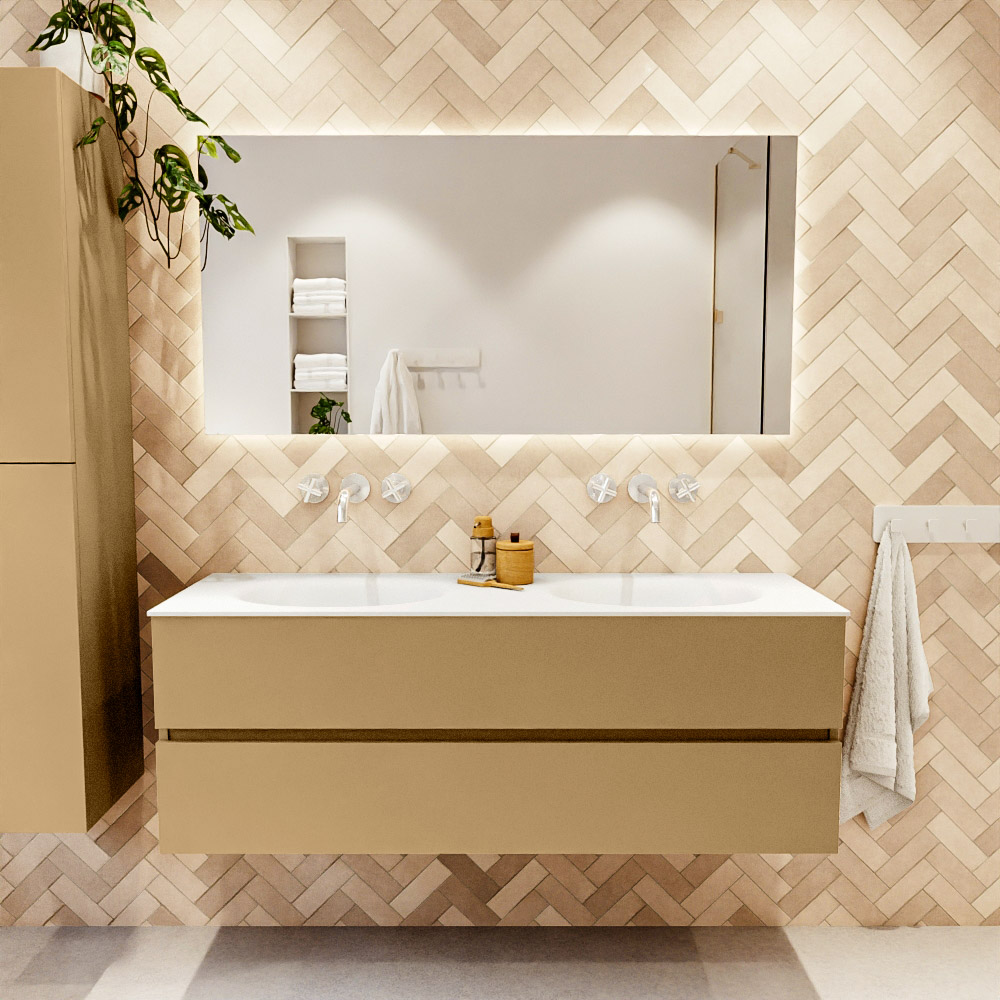 MONDIAZ VICA 140cm mueble de baño Oro 2 cajones. Lavabo MOON Doble sin orificio, color Talc. 2 color Talc.