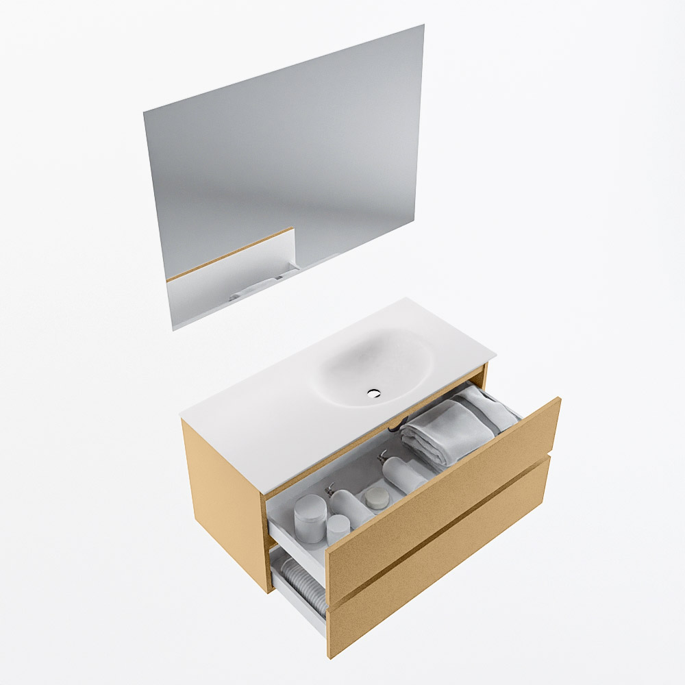 MONDIAZ VICA 100cm mueble de baño Oro 2 cajones. Lavabo MOON Derecho 1 orificio color Talc con espejo LED. 7 MONDIAZ VICA 100cm mueble de baño Oro 2 cajones. Lavabo MOON Derecho 1 orificio color Talc con espejo LED. - Imagen 7