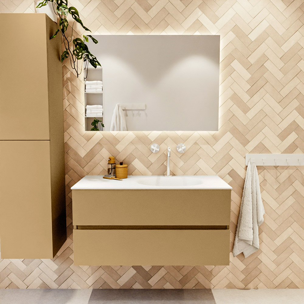 MONDIAZ VICA 100cm mueble de baño Oro 2 cajones. Lavabo MOON Derecho 1 orificio color Talc con espejo LED. 2 MONDIAZ VICA 100cm mueble de baño Oro 2 cajones. Lavabo MOON Derecho 1 orificio color Talc con espejo LED. - Imagen 2