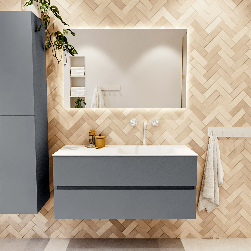 MONDIAZ VICA 110cm mueble de baño Plata 2 cajones. Lavabo CLOUD Derecho 1 orificio color Talc con espejo LED. 2 MONDIAZ VICA 110cm mueble de baño Plata 2 cajones. Lavabo CLOUD Derecho 1 orificio color Talc con espejo LED. - Imagen 2
