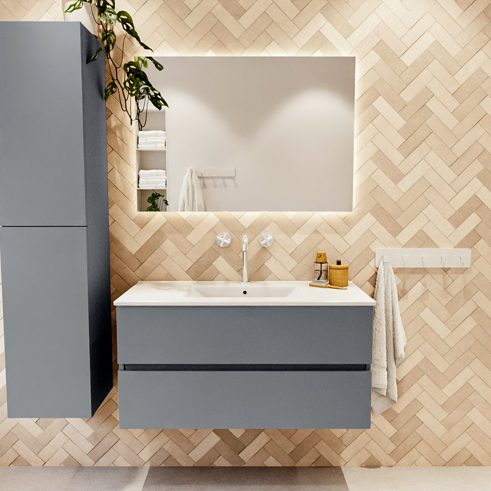 MONDIAZ VICA 100cm mueble de baño Plata 2 cajones. Lavabo DENIA Centro 1 orificio, color Blanco brillo. 2 color Blanco brillo.