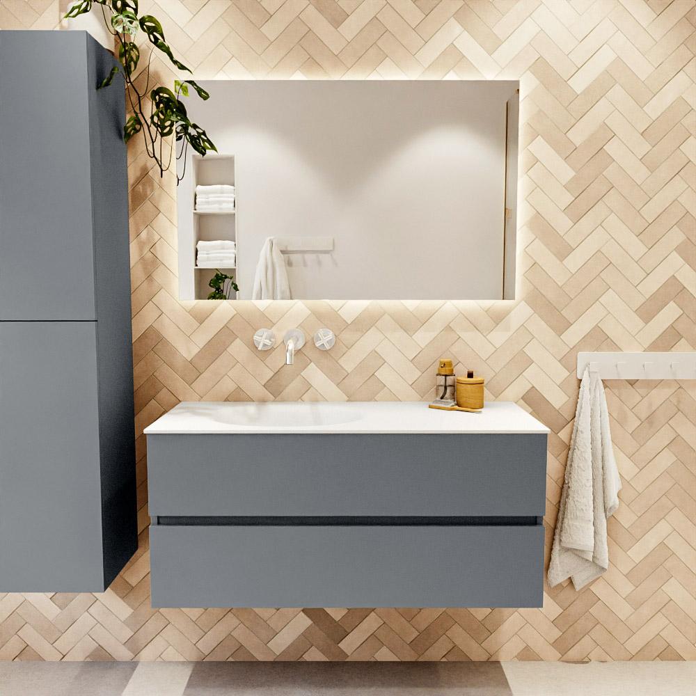 MONDIAZ VICA 110cm mueble de baño Plata 2 cajones. Lavabo MOON Izquierda sin orificio color Talc con espejo LED. 2 MONDIAZ VICA 110cm mueble de baño Plata 2 cajones. Lavabo MOON Izquierda sin orificio color Talc con espejo LED. - Imagen 2