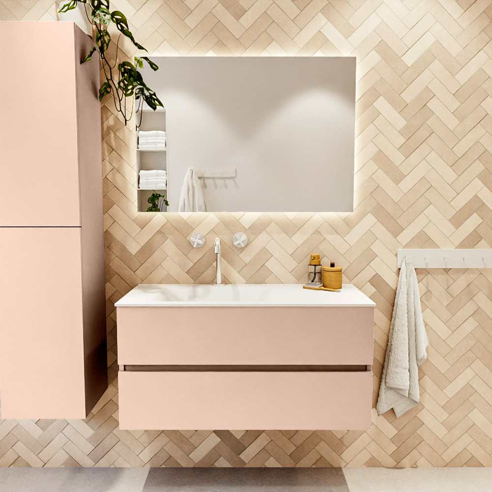 MONDIAZ VICA 100cm mueble de baño Rosee 2 cajones. Lavabo CLOUD Izquierda 1 orificio color Talc con espejo LED. 2 MONDIAZ VICA 100cm mueble de baño Rosee 2 cajones. Lavabo CLOUD Izquierda 1 orificio color Talc con espejo LED. - Imagen 2