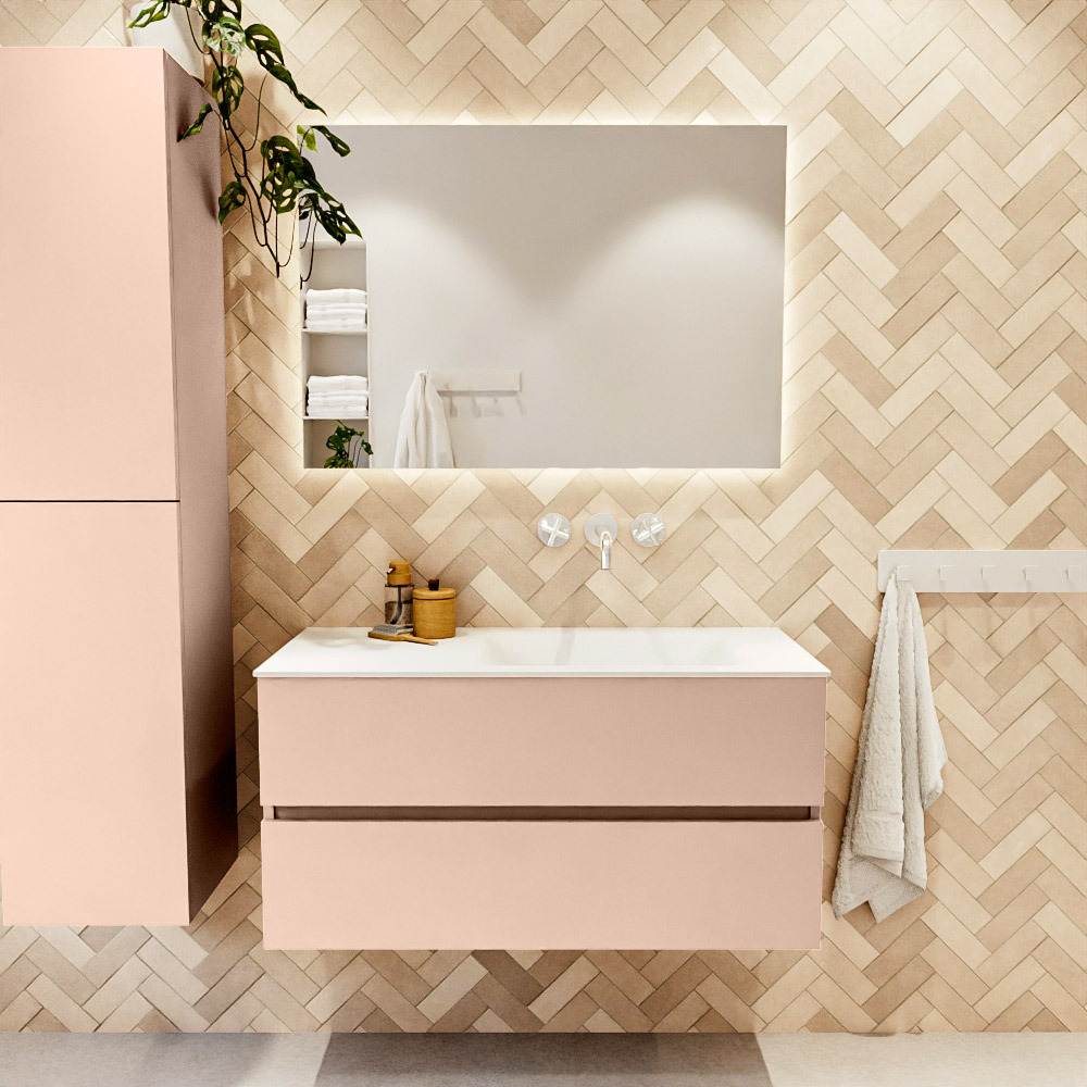 MONDIAZ VICA 100cm mueble de baño Rosee 2 cajones. Lavabo CLOUD Derecho sin orificio color Talc con espejo LED. 2 MONDIAZ VICA 100cm mueble de baño Rosee 2 cajones. Lavabo CLOUD Derecho sin orificio color Talc con espejo LED. - Imagen 2