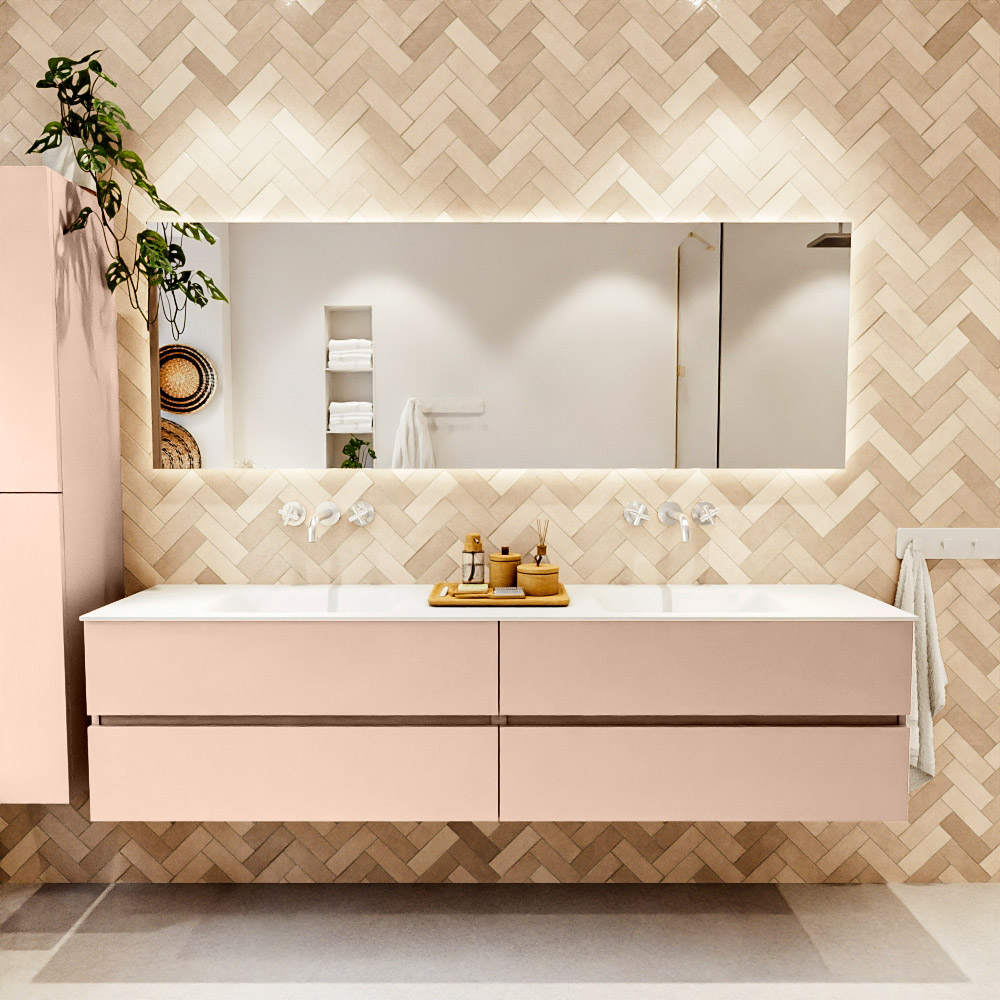 MONDIAZ VICA 200cm mueble de baño Rosee 4 cajones. Lavabo CLOUD Doble sin orificio, color Talc. 2 color Talc.