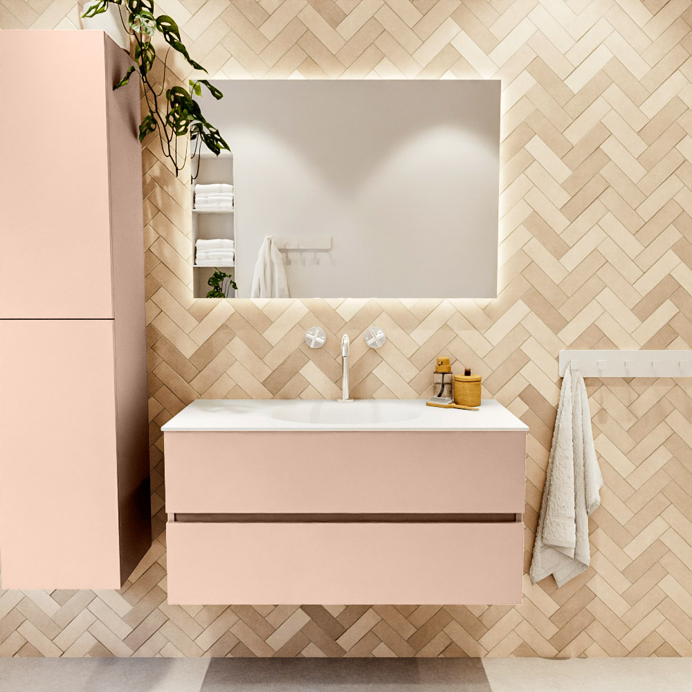 MONDIAZ VICA 100cm mueble de baño Rosee 2 cajones. Lavabo MOON Centro 1 orificio color Talc con espejo LED. 2 MONDIAZ VICA 100cm mueble de baño Rosee 2 cajones. Lavabo MOON Centro 1 orificio color Talc con espejo LED. - Imagen 2