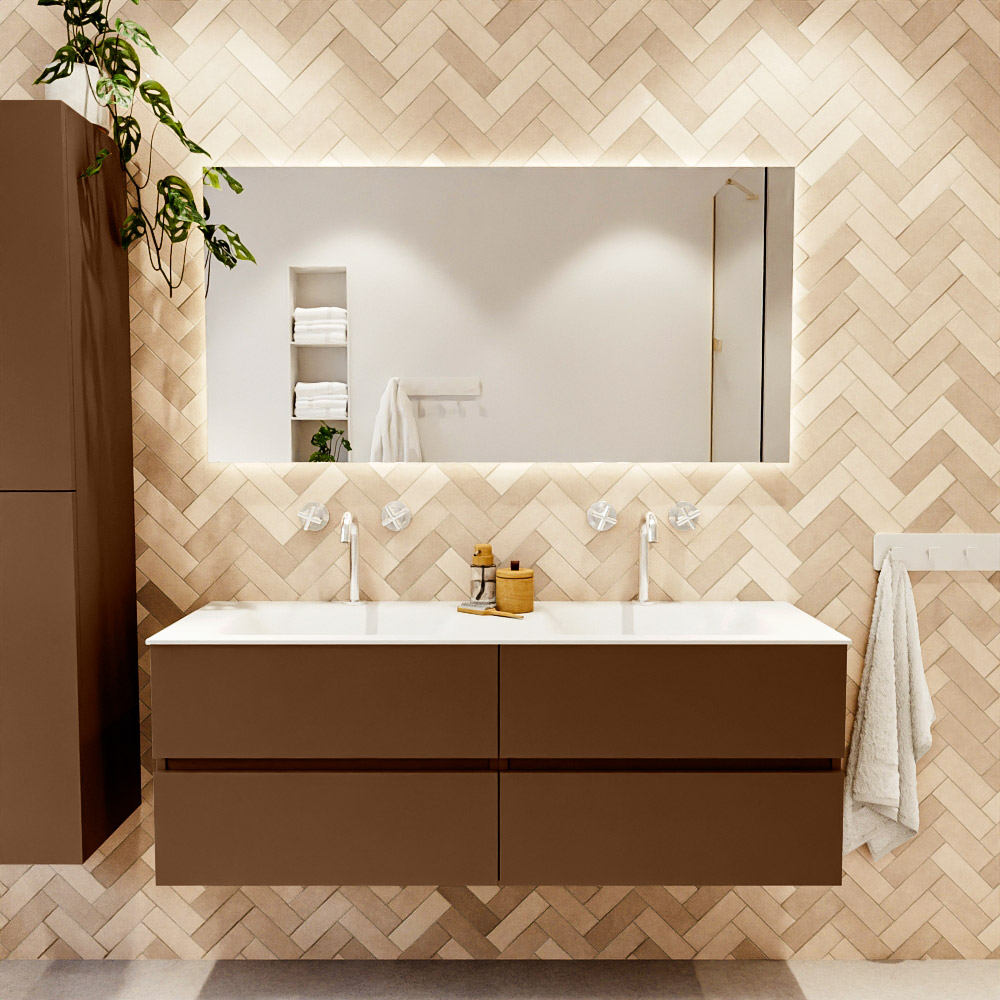 MONDIAZ VICA 140cm mueble de baño Rust 4 cajones. Lavabo CLOUD Doble 2 orificios, color Talc. 2 color Talc.