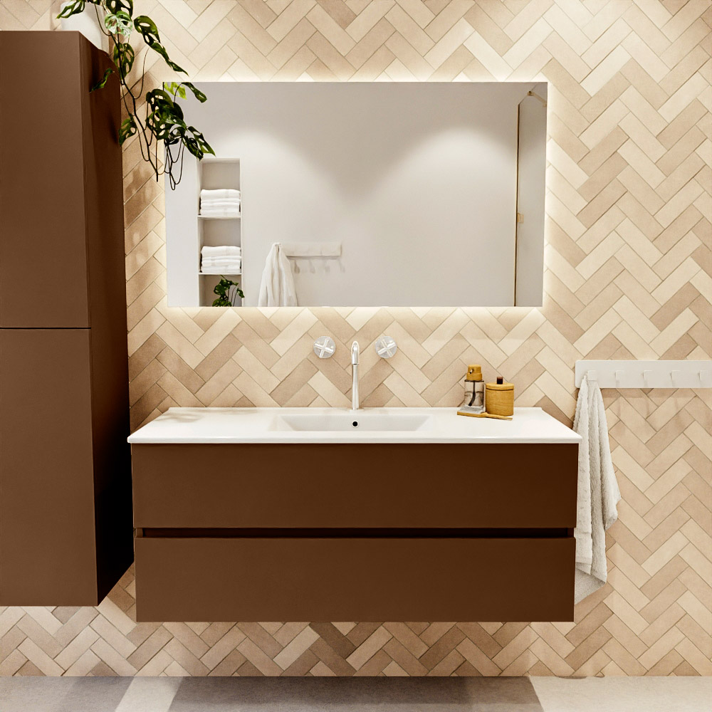 MONDIAZ VICA 120cm mueble de baño Rust 2 cajones. Lavabo DENIA Centro 1 orificio, color Blanco brillo. 2 color Blanco brillo.