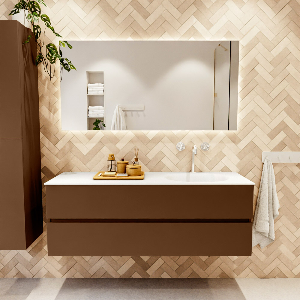 MONDIAZ VICA 140cm mueble de baño Rust 2 cajones. Lavabo MOON Derecho 1 orificio, color Talc. 2 color Talc.