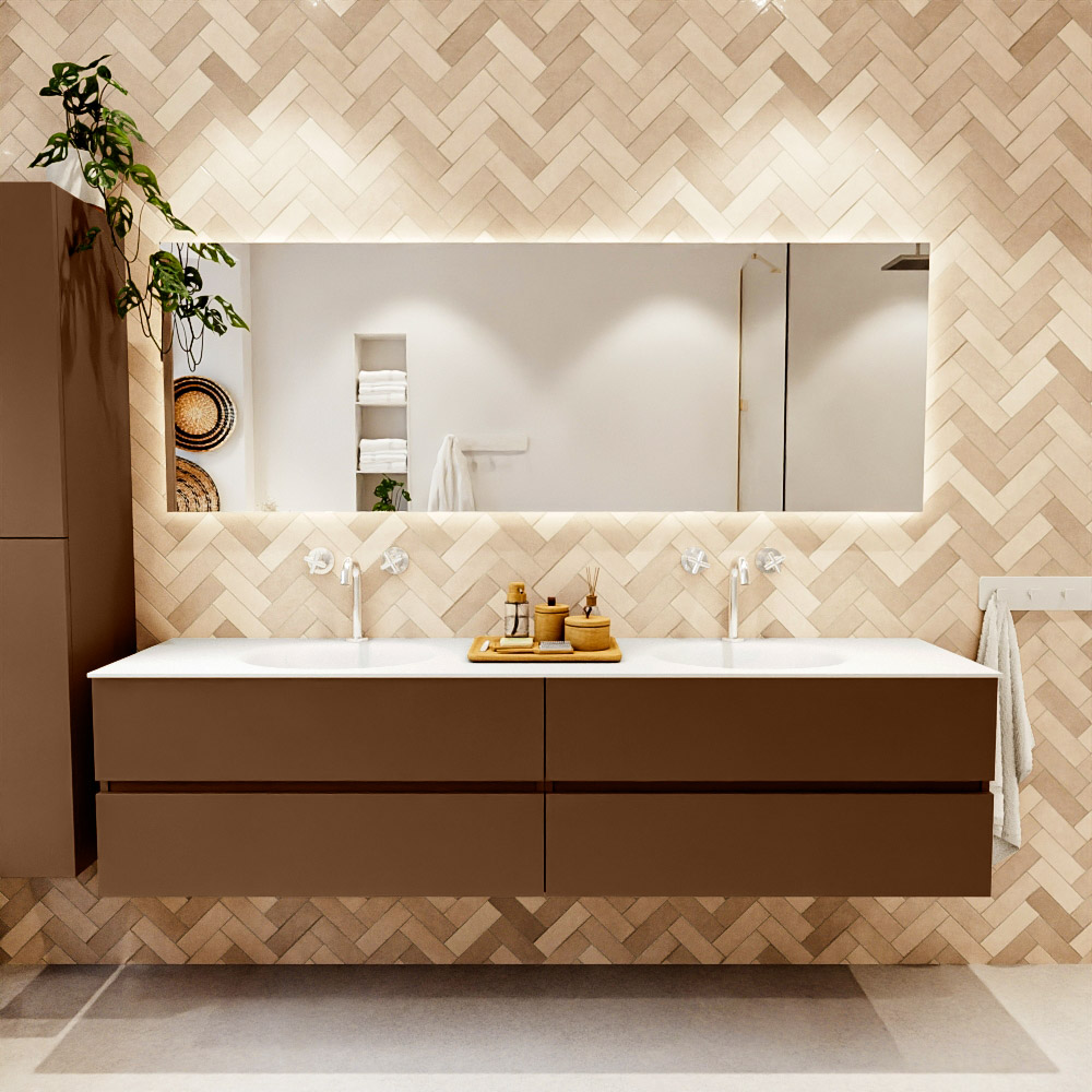 MONDIAZ VICA 200cm mueble de baño Rust 4 cajones. Lavabo MOON Doble 2 orificios, color Talc. 2 color Talc.