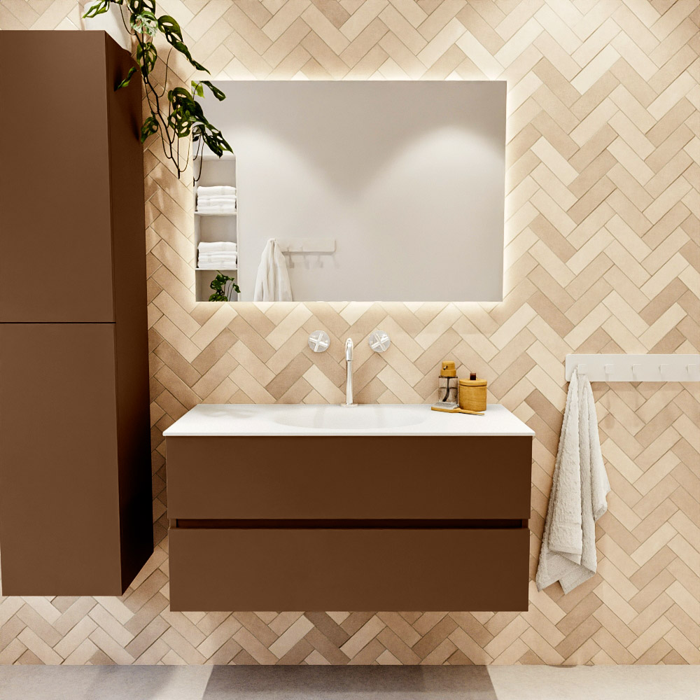 MONDIAZ VICA 100cm mueble de baño Rust 2 cajones. Lavabo MOON Centro 1 orificio color Talc con espejo LED. 2 MONDIAZ VICA 100cm mueble de baño Rust 2 cajones. Lavabo MOON Centro 1 orificio color Talc con espejo LED. - Imagen 2