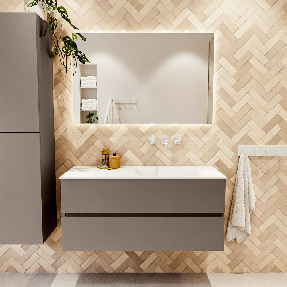 MONDIAZ VICA 110cm mueble de baño Smoke 2 cajones. Lavabo CLOUD Derecho sin orificio color Talc con espejo LED. 2 MONDIAZ VICA 110cm mueble de baño Smoke 2 cajones. Lavabo CLOUD Derecho sin orificio color Talc con espejo LED. - Imagen 2