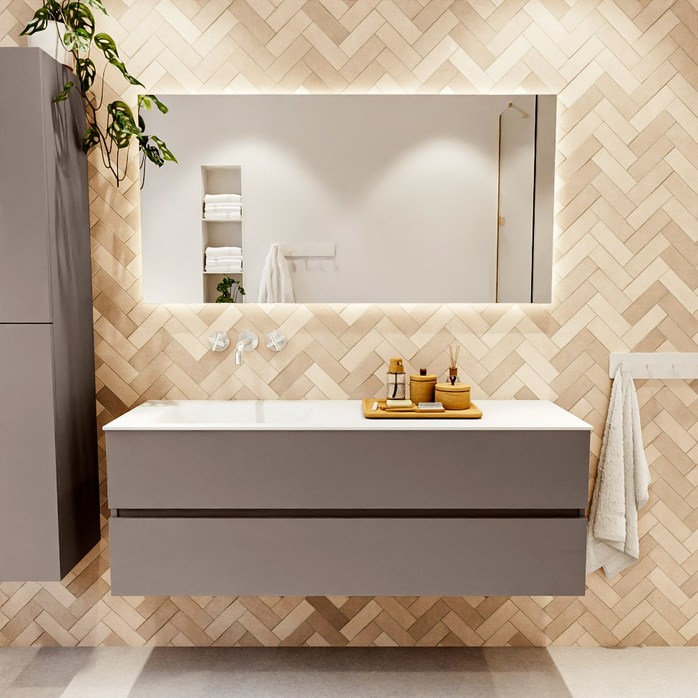 MONDIAZ VICA 140cm mueble de baño Smoke 2 cajones. Lavabo CLOUD Izquierda sin orificio, color Talc. 2 color Talc.