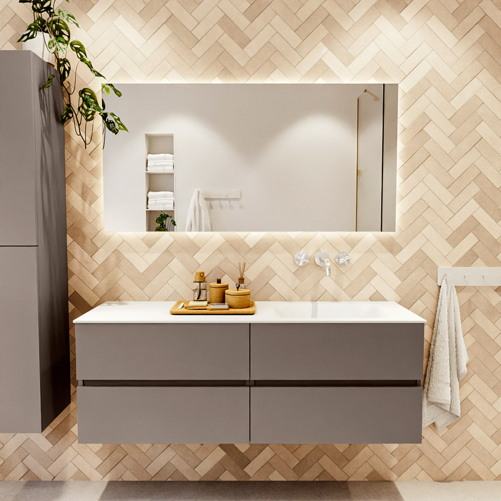 MONDIAZ VICA 140cm mueble de baño Smoke 4 cajones. Lavabo CLOUD Derecho sin orificio, color Talc. 2 color Talc.