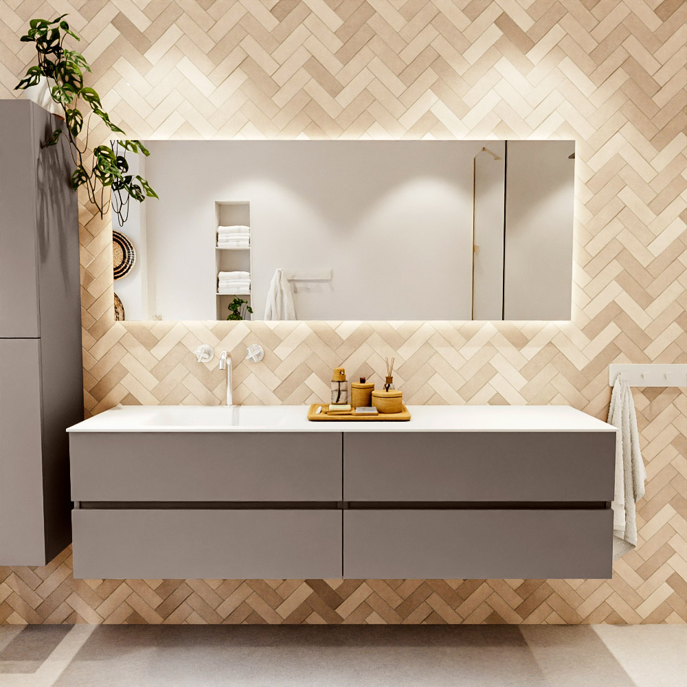 MONDIAZ VICA 180cm mueble de baño Smoke 4 cajones. Lavabo CLOUD Izquierda 1 orificio, color Talc. 2 color Talc.