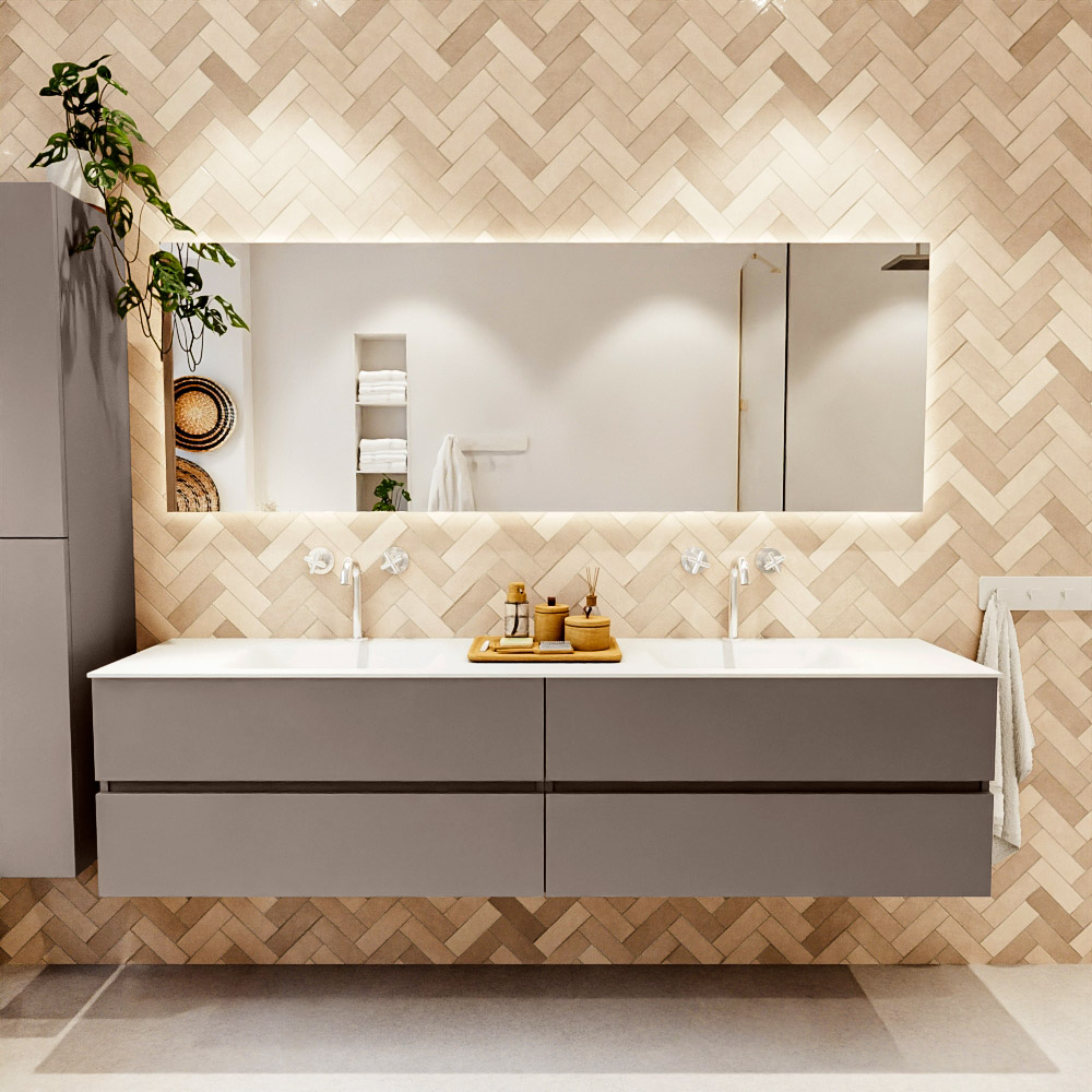 MONDIAZ VICA 200cm mueble de baño Smoke 4 cajones. Lavabo CLOUD Doble 2 orificios, color Talc. 2 color Talc.