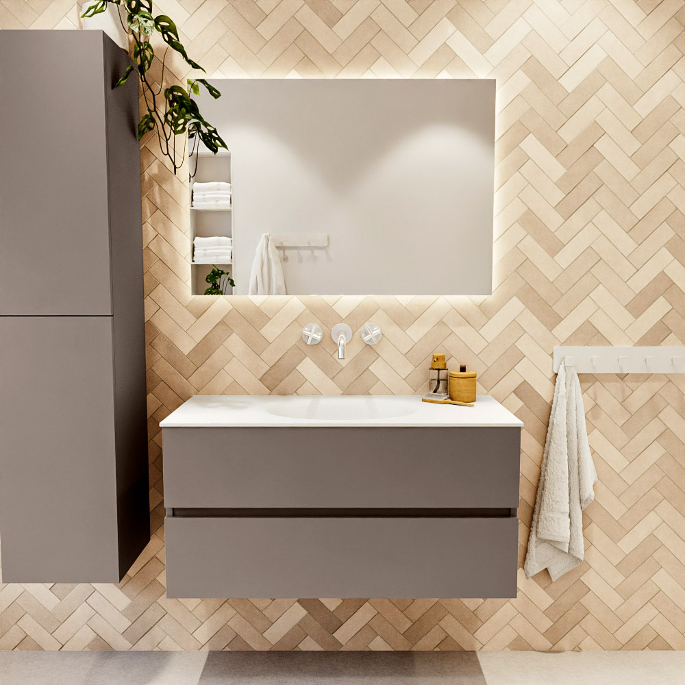 MONDIAZ VICA 100cm mueble de baño Smoke 2 cajones. Lavabo MOON Centro sin orificio color Talc con espejo LED. 2 MONDIAZ VICA 100cm mueble de baño Smoke 2 cajones. Lavabo MOON Centro sin orificio color Talc con espejo LED. - Imagen 2