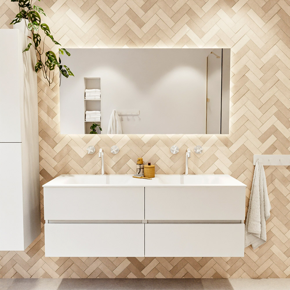MONDIAZ VICA 140cm mueble de baño Talc 4 cajones. Lavabo CLOUD Doble 2 orificios, color Talc. 1 MONDIAZ VICA 140cm mueble de baño Talc 4 cajones. Lavabo CLOUD Doble 2 orificios