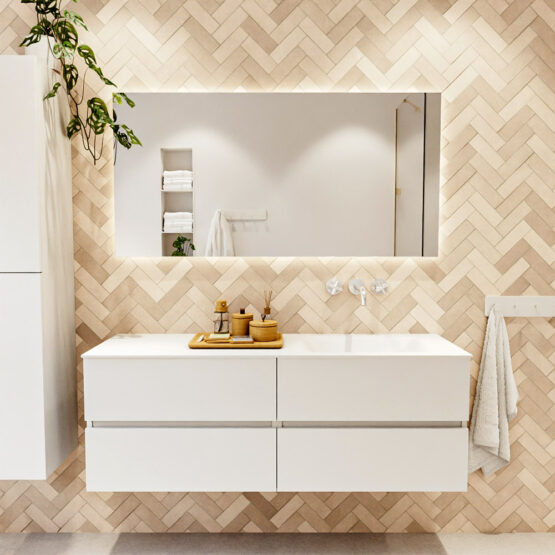 MONDIAZ VICA 140cm mueble de baño Talc 4 cajones. Lavabo CLOUD Derecho sin orificio