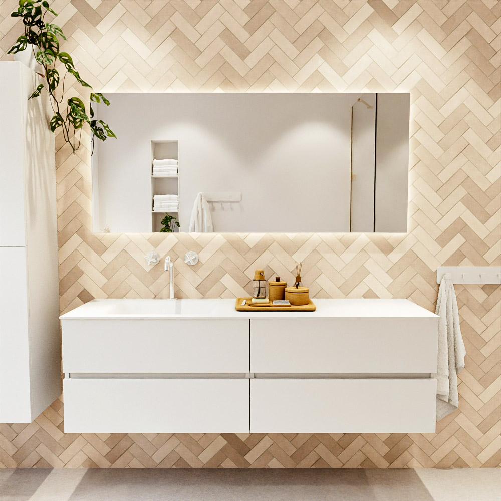 MONDIAZ VICA 160cm mueble de baño Talc 4 cajones. Lavabo CLOUD Izquierda 1 orificio, color Talc. 2 color Talc.